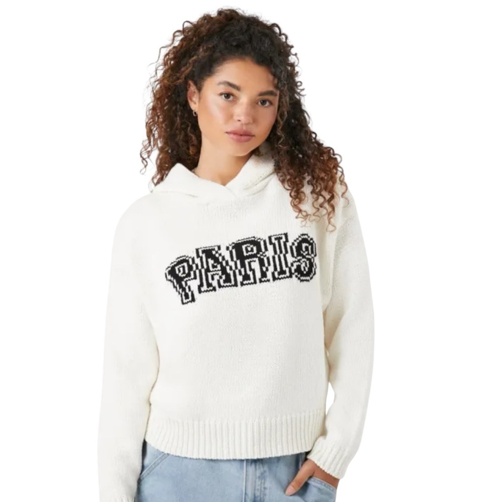 Forever 21 White Sweater Hoodie with Paris Graphic Women’s size small